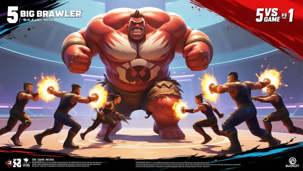 Big Game is a unique 5 vs. 1 mode where one player becomes the BIG BRAWLER. This one player gains extra health and damage while the other five players work together to take down this one player. In big game mode the goal for the one single player is to survive as long as possible. At the same time, the other 5 opponents must defeat this one player before time ends the game.